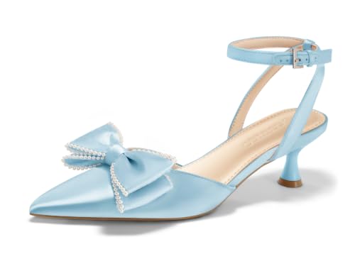 Image of Coutgo Womens Satin Kitten Low Heels Bow Pearl Closed Pointed Toe Pumps Ankle Strap Wedding Dress Shoes