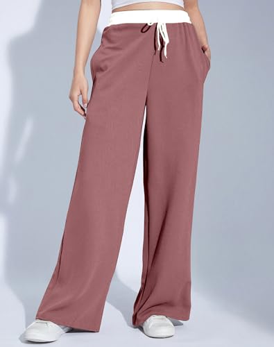 Image of Mehrang Wide Leg Drawstring Pants, with Contrast Waist Band || Casual Lounge Wear Side with Pockets, High Waisted, Relaxed Fit Trouser for Women
