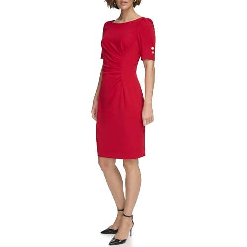 Image of DKNY Women's Short Sleeve Ruched Knee Length Sheath Dress with Button Detail