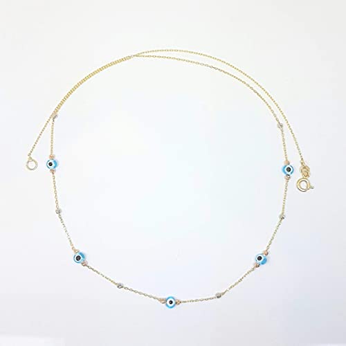 Cleopatra Gold&Silver 14K Real Solid Gold Lucky Blue Beaded Evil Eye And Italian Balls Dainty Charm Pendant Necklace For Women thumb #4
