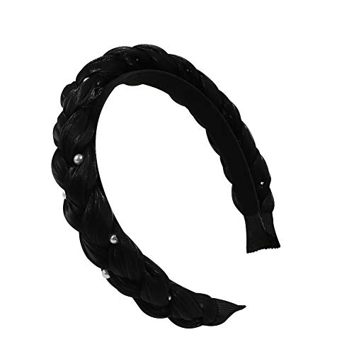 Twist Pearl Headband for Women - Vintage Wide Chiffon Headbands Knotted Alice Hair Band, Braided Elastic Non-slip Ribbon Hairband (Black)
