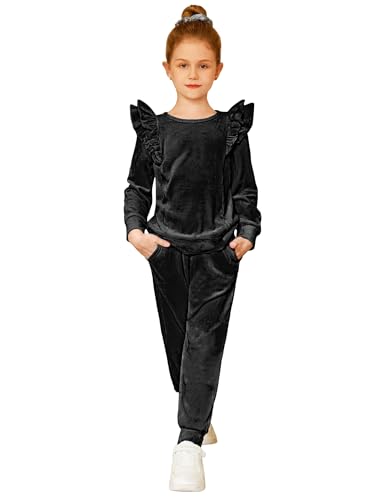 Image of Arshiner Girls 2 Piece Outfits Velour Tracksuit Ruffle Sweatshirt Sweatpant | Cute Clothes, Sweatsuit, Long Sleeve Pullover, Fall Winter Clothing Sets, for 3-10 Years