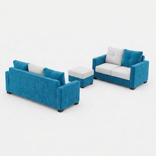 Image of FURNY Amonster 3 Seater + 2 Seater Fabric Sofa Set with 1 Ottoman (Aqua Blue - Light Gray) with Velvet Finish | Durable Comfort | Ideal for Living Room