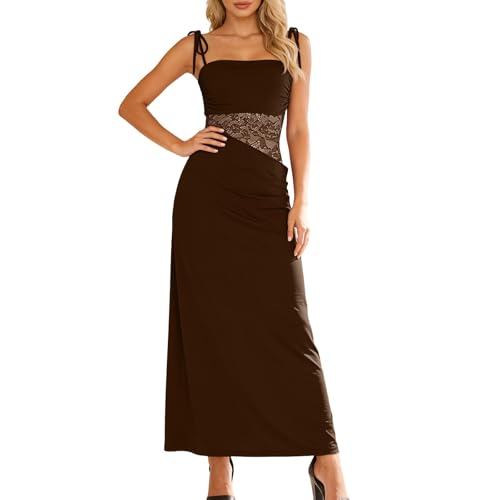 Generisch Vestido largo para mujer, con estampado floral, sexy, vestido de cóctel, tirantes delgados, vestido de invitado de boda, vestido de encaje, vestido de fiesta, vestido de fiesta, marrón, S
