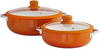 IMUSA USA 2 Piece Orange Ceramic Interior Caldero Set with Orange Silicone Rim and Glass Lid