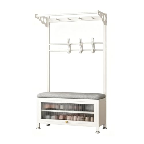 Perchero De Entrada Multifuncional Con Zapatero Y Banco Tapizado,Organizador De Recibidor Con Ganchos Para Ropa Y Almacenamiento De Zapatos,Estructura Metálica Para Hogar Y Oficina(White,100cm/39.4in)