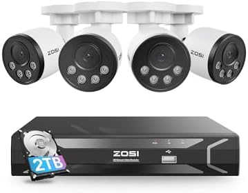 ZOSI 5MP PoE CCTV Camera System with Audio, 8CH H.265+ 5MP PoE NVR and 4X 4MP Outdoor PoE Security Cameras, Human Detection, 100ft Night Vision, Remote Access, Built-in 2TB HDD, 24/7 Recording