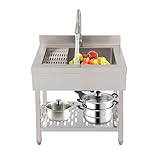 Mqwdxzfes Freistehende Edelstahl-Spülbecken, Großes Einzelbecken Spültisch mit Abtropfkorb & Ausziehbare Wasserhahn, Gewerbliche Küchenspüle Spülschrank für Zuhause Waschküche (70x50x90 cm, Silber)