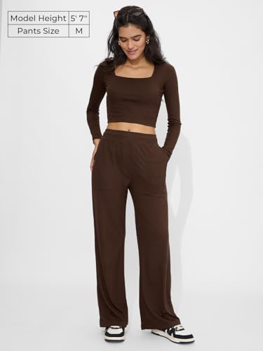 Image of The Souled Store Mocha Brown Solids Women and Girls Pull On Polyester Blend Regular Fit Ribbed Pants