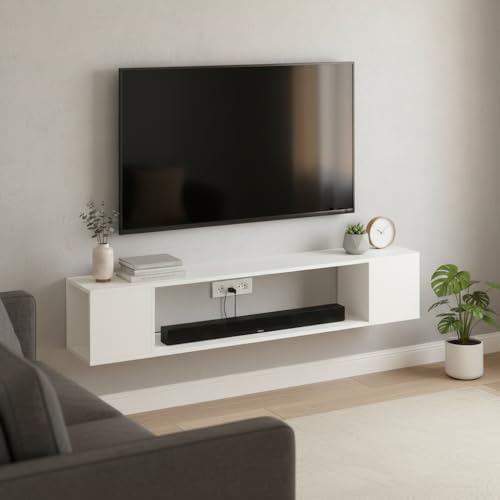 Image of FURNEASER Ether Modern Wall Mounted TV Unit with Floating Shelf | Wooden TV Entertainment Unit for Living Room | Engineered Wood Media Console for 43,50, 55 to 65 Inch TV (White)
