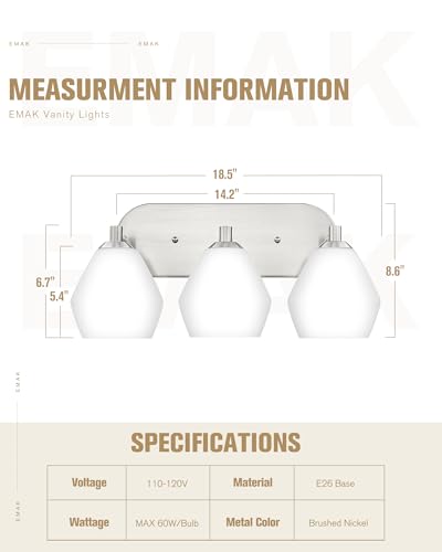 Image of Emak Brushed Nickel Bathroom Lights Over Mirror, Modern Bathroom Vanity Light with Milk Glass Shade, 3-Light Vanity Lights for Mirror, Bath, VL129-BN-ML-3