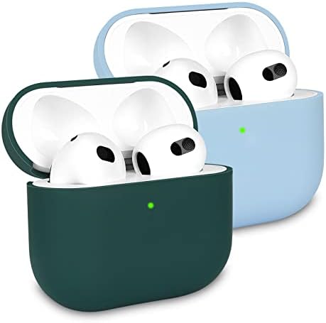 2 Pack KOKOKA Case Cover Compatible with Airpods 3rd Generation 2021, Soft Silicone Skin Case Cover Shock-Absorbing Protective Case for Airpods 3, Front LED Visible, Deep Green/Denim Blue