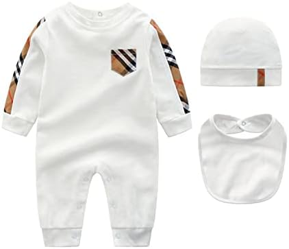 Newborn Baby Cotton Romper Bodysuit One Piece Jumpsuit with Hat and Bib Set