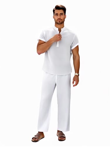 GORGLITTER Men's Linen Suit 2 Piece Set Beach Casual Short Sleeve Henley Shirts Loose Long Pants Summer Vacation Outfits4