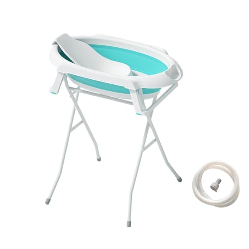 ペット用バスタブ 折りたたみ ペット お風呂 スタンド付き 折り畳み 猫 犬浴槽 バケツ 排水プラグが付く 大容量 ソフトタブ ポータブルバスタブ 内外に適用 (ホワイトスタンド + ブルーのバスタブ + ホワイトのバスラック)