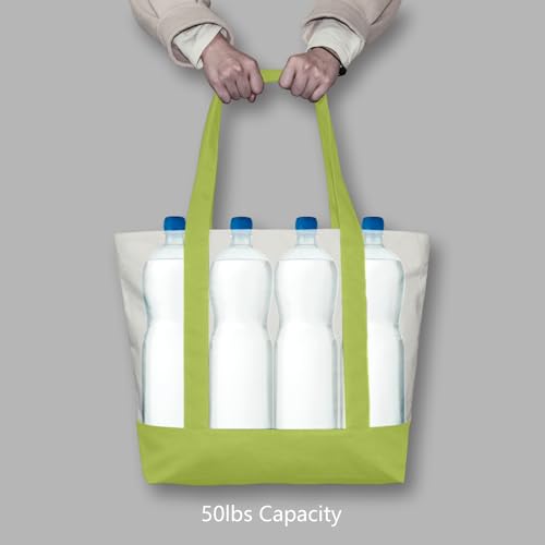 Image of TOPDesign 1-Pack Canvas Tote Bag with an External Pocket, Reusable Grocery Shopping Bag, Top Zipper Closure, Daily Essentials (Light Green /Natural)