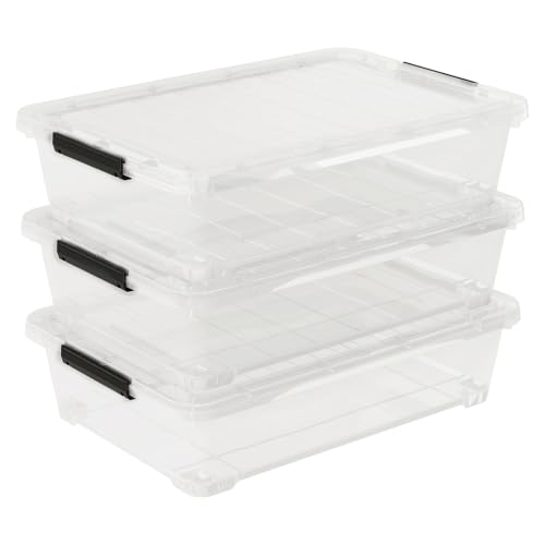 Underbed Storage Bins with Wheels, 3-Pack 40 Qt Clear | Plastic Containers with Secure Latch Lids, Low-Profile Under Bed Organizer Boxes for Clothes and Blankets, Space Saving