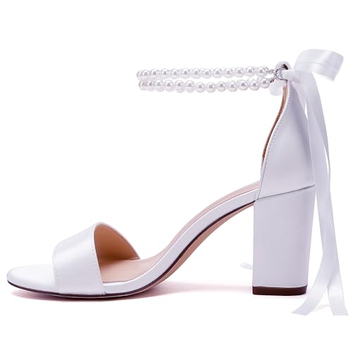 Pearl Wedding Shoes for Bride High Heels Block Heels Bridal Shoes with Bow Women Chunky Heels Sandals3
