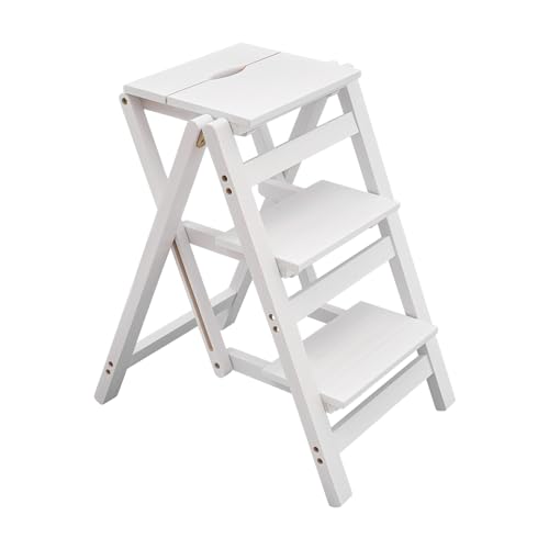 Foldable Step Stool Solid Wood 3 Step Ladder Folding Portable Wooden Step Stools Rustic Step Helper for Home Living Room Kitchen Bathroom Bedroom, White