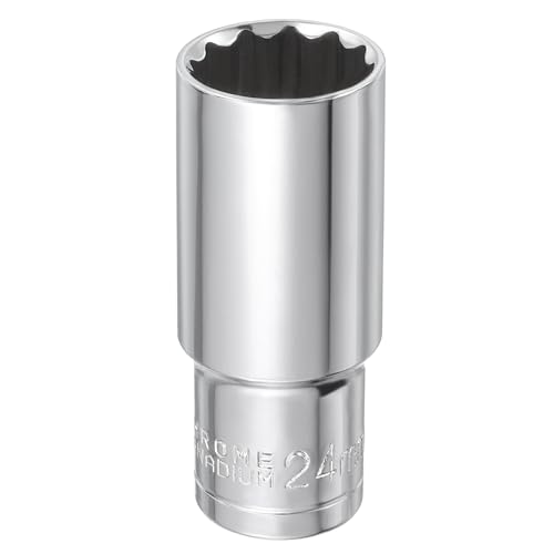 sourcing map 12 Points Metric Deep Socket 1/2 Drive 24mm Impact Socket Cr-V Steel Chrome Plating Flip Sleeve Nut Driver Wrench for Home Auto Nuts Bolts Repair