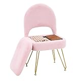 WROCFURSTAR Vanity Stool Chair with Folding Back, Storage Ottomans Faux Fur Vanity Chair, Multifunctional Upholstered Footstool with 4 Metal Legs with Anti-Slip Feet for Bedroom Living Room Entryway