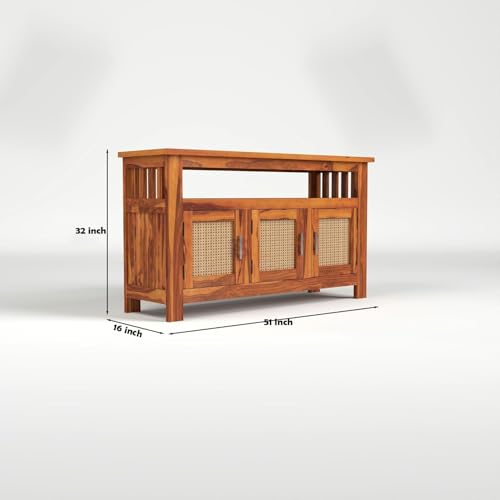 Image of Sheesham Wood Kitchen Cabinet with Cane Woven Doors | Solid Wood Storage Sideboard with Open Shelf & 3 Door Cabinet | Rosewood Storage Cabinet for Living Room (Natural Finish)