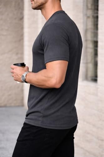 Image of Mack Jonney Men's Striped Ribbed Black Half Sleeve T-Shirt | Premium Soft Stretch Fabric | Casual Wear Round Neck Tee-M6358