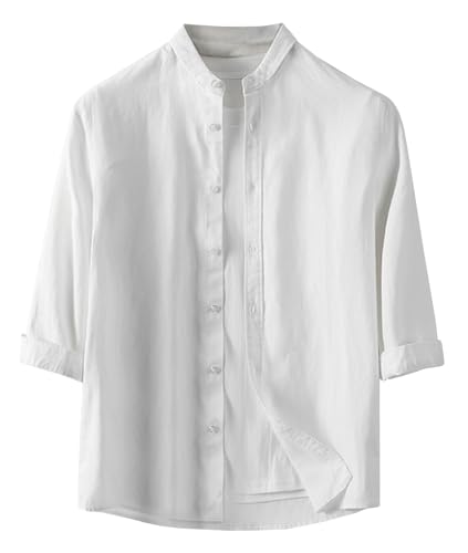 [EASTEMPO] シャツ メンズ 半袖 夏 七分袖 綿麻 カジュアル ビジネス おしゃれ ゆったり 薄手 無地 大きいサイズ (JP, アルファベット, XL, ホワイト)