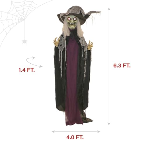 Haunted Hill Farm Life-Size Poseable Scary Talking Witch, Halloween Animatronic with Touch Activated Lights and Sound, Battery Operated Indoor or Covered Outdoor Halloween Decorations, Fright Props