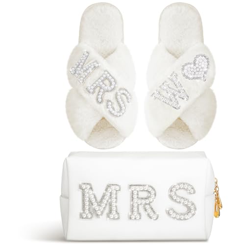 Image of Xtinmee Personalized Initial Wedding Bride Slipper Mrs Pearl Letter Makeup Bag Bachelorette Party Bridal Shower Wedding Gifts(W)