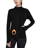 Westkun Damen Thermo Laufjacke Langarm Trainingsjacke Voll Reißverschluss Sportjacke mit Daumenloch und Seitentaschen Laufshirt Fitness Sweetshirt Laufshirt(Schwarz-A-L)