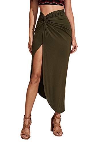 SheIn Women s Boho Twist Side Asymmetrical Hem Split Thigh Solid Long Skirt Green Medium