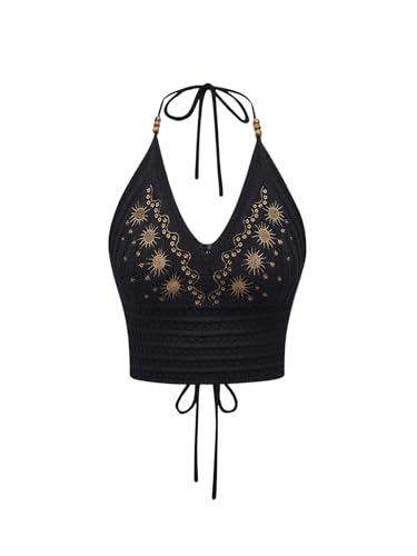 SHENHE Women's Open Back Knitted Halter Crop Top...