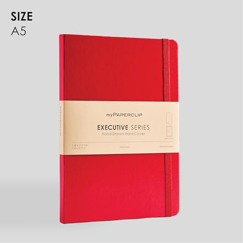 Image of myPAPERCLIP Executive Series A5 Unruled Notebook | 192 Pages, 80 GSM, Hard Cover, A5 (5 .83 x 8.27 in) | Flat Lay | Bookmark, Elastic Closure & Back Pocket | Red