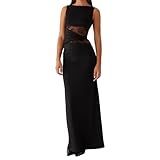 XIXIMAON Robe Longue Sexy Moulante Dos Nu pour Femme Robe de Soirée Cocktail Elégant sans Manches en Dentelle Patchwork Y2K Clubwear (Noir Tendance, S)