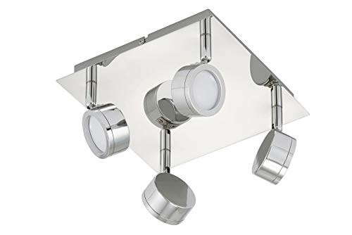 Preisvergleich Produktbild LED Deckenlampe Chrom Spot Strahler Badezimmer Deckenleuchte mit beweglichen Spots, Metall Acrylglas silber, 4x 4,5 Watt 4x 400 Lumen 3000 Kelvin, LxBxH 22x22x13 cm