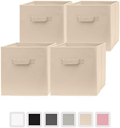Pomatree 13x13x13 Inch Storage Cubes - 4 Pack - Large and Sturdy Storage Bins | Dual Handles, Foldable | Cube Organizer Bin | Fabric Baskets for Organizing Closet, Clothes and Toys (Beige)