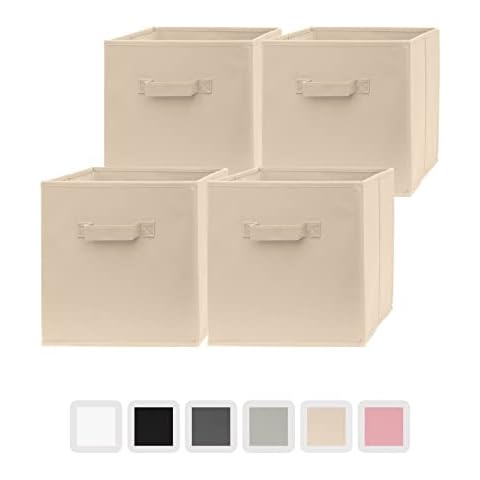 Pomatree 13x13x13 Inch Storage Cubes - 4 Pack - Large and Sturdy Storage Bins | Dual Handles, Foldable | Cube Organizer Bin | Fabric Baskets for Organizing Closet, Clothes and Toys (Beige) Cover