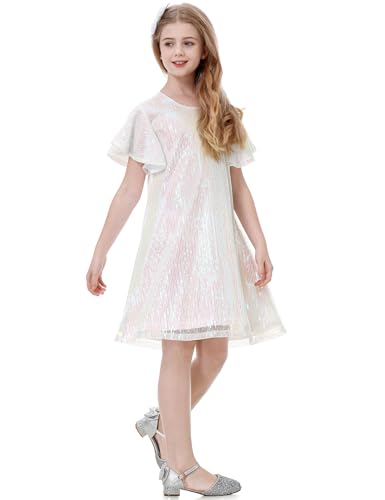 Girls Sequin Dress Sparkling Short Flutter Sleeve Midi Shiny Dance Dress with Bow Hair Clip2