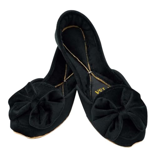 Women's Velvet Khussa Jutti Flats (Black, 4UK)– Handmade Ethnic Mojari with Bow Design – Traditional Indian Shoes for Weddings, Parties & Daily Wear – Comfortable & Stylish Punjabi Footwear