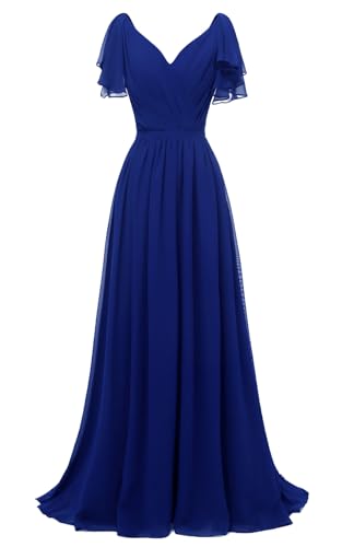 Image of Yexinbridal Ruffle Sleeves Bridesmaid Dresses V-Neck Chiffon Long Formal Wedding Evening Party Gowns for Women