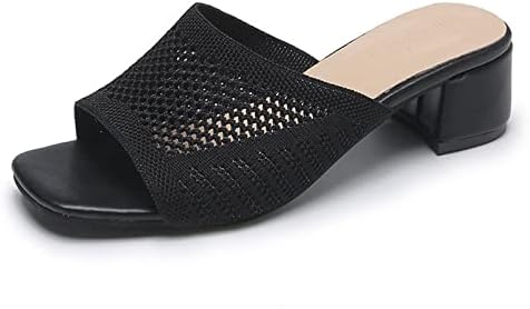 Womens Knit Mesh Slip On Block Heeled Mule Sandals Fashion Square Toe Comfort Casual Beach Low Chunky Heels Open Toe Walking Slide Sandals