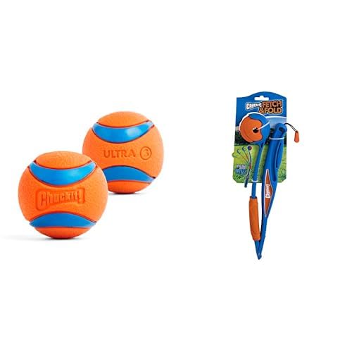 Chuckit Ultra Ball Dog Toy Small 2-inch Pack of 2 with Fetch Fold Mini 18M Ball Launcher Bundle