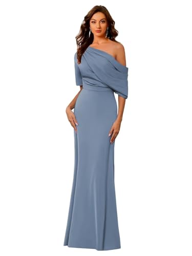 Image of Mermaid Satin Mother of The Bride Dresses for Women Elegant One Shoulder Ruffle Long Formal Evening Gown