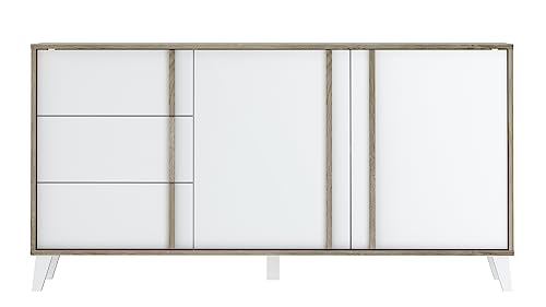 PEGANE Buffet, Meuble de Rangement en mélamine Coloris chêne et Blanc - Longueur 160 x Profondeur 45 x Hauteur 82 cm