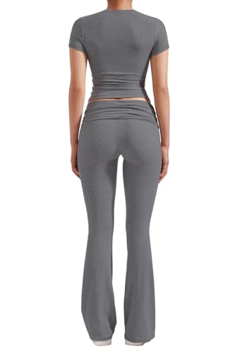 Image of ZFLM Casual Workout Two Piece Outfits for Women Short Sleeve Crop High Waist Foldover Flare Pants Tracksuit Sets Streetwear