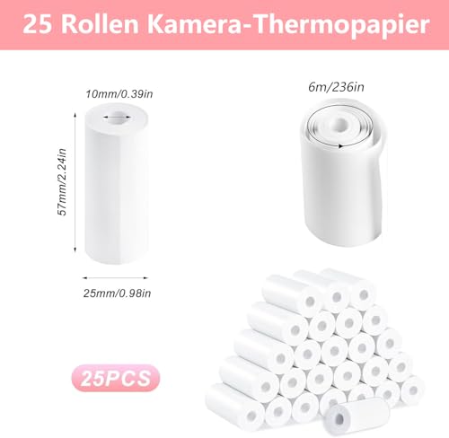 25 Rollen Thermopapier Kinderkamera, Druckpapier Thermopapier für Kinderkamera Sofortbildkameras, Fotodrucker Sofortdruckkamera Nachfülldruckpapier Thermodrucker Papier(5,7 x 2,5 cm)
