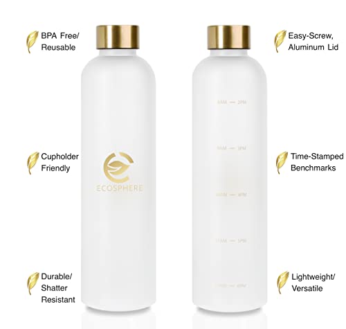 Ecosphere Water Bottle With Time Marker - Motivational Water Bottle - Bottle With Times To Drink - Bpa Free, White Frosted 32Oz White #TOP2