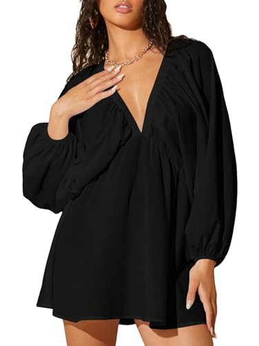 MakeMeChic Women's Deep V Neck Lantern Sleeve Dress Backless Summer Smock Mini Dresses