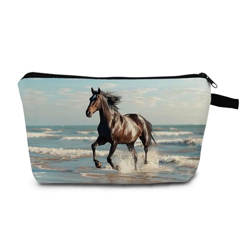 MoCaliduccious Black Horse Print Cosmetic Bag Ocean Gallop Gift for Birthdays & Holidays Makeup Bag Zippered Adventure Organizer Toiletry Kit for Free Spirits